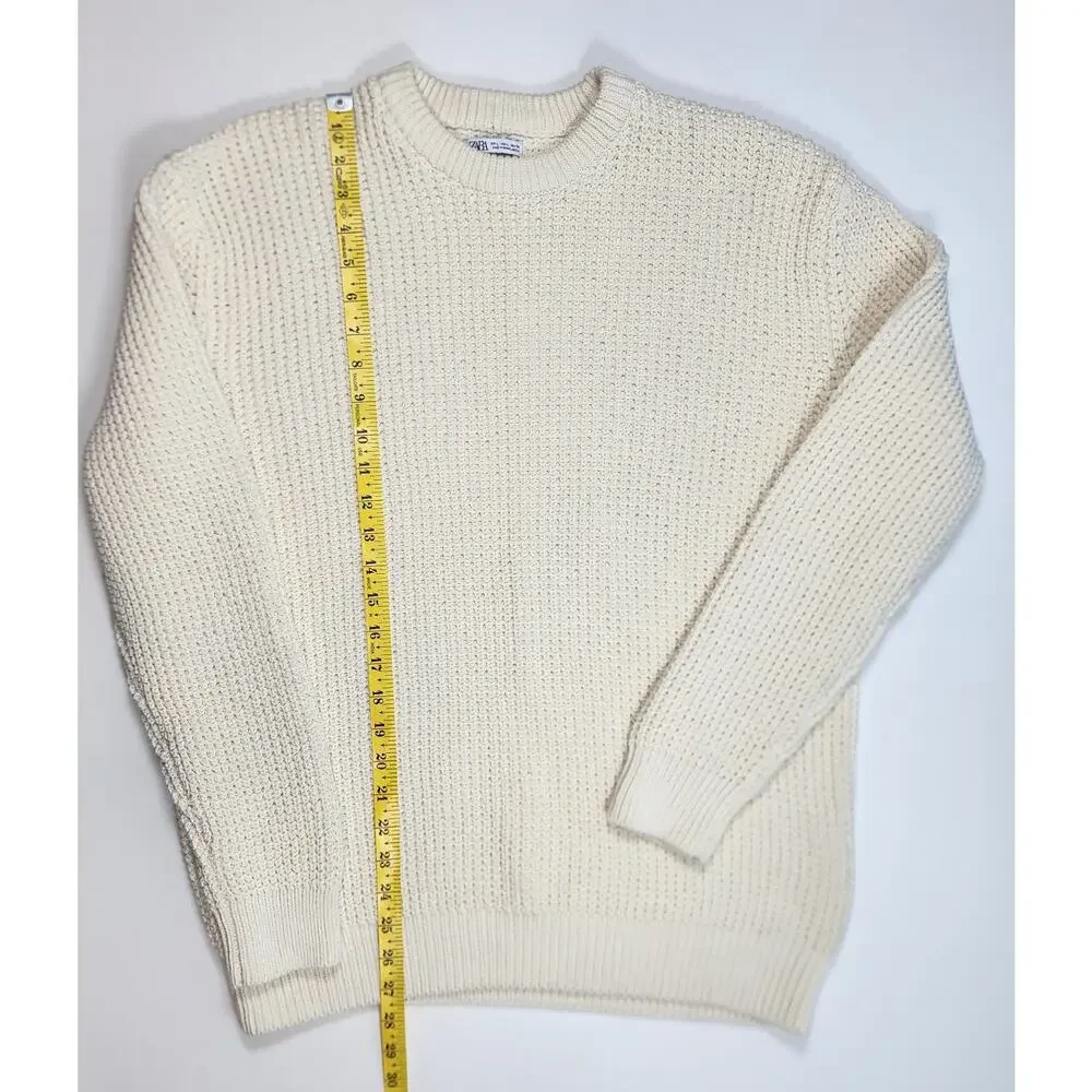 Zara Men's Cream Chunky‎ Knit Sweater Size L Cotton Crewneck Pullover